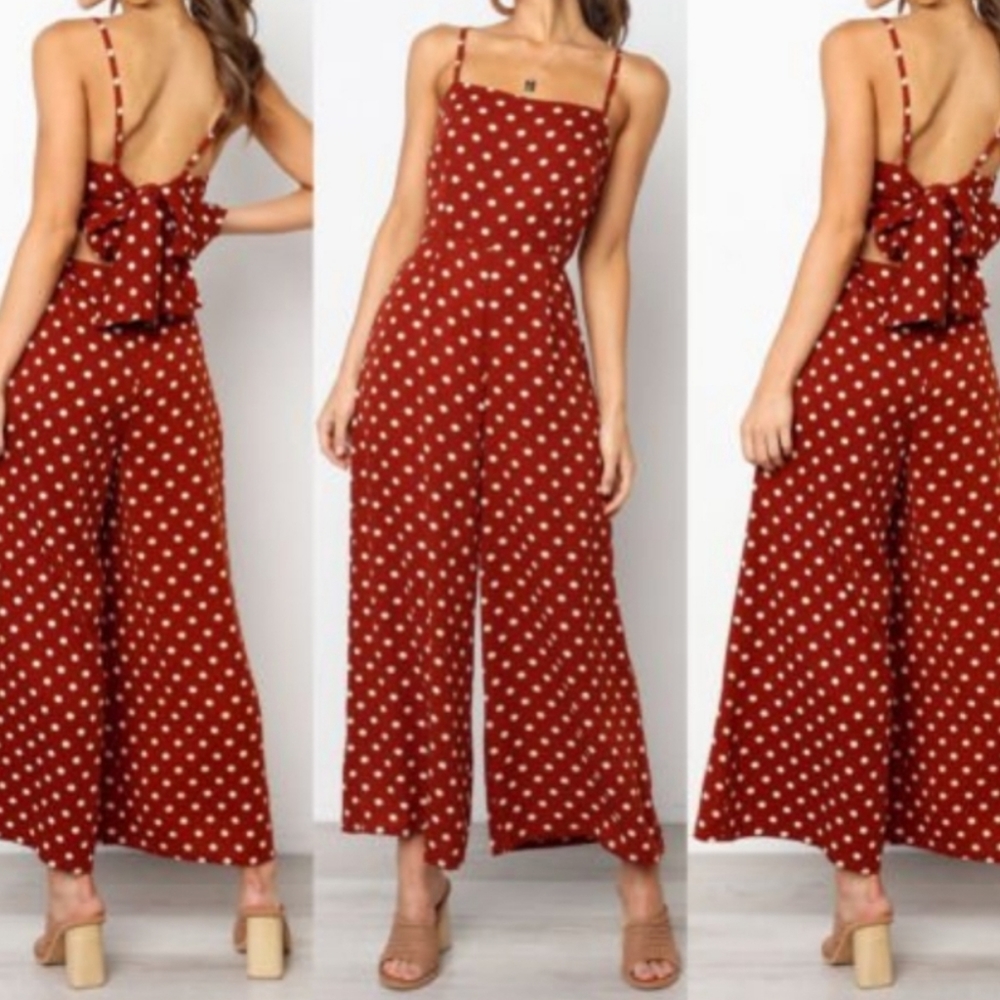 Women Summer Long Jumpsuit, Polka Dot Printed Sling Hollow Back Bow Romper